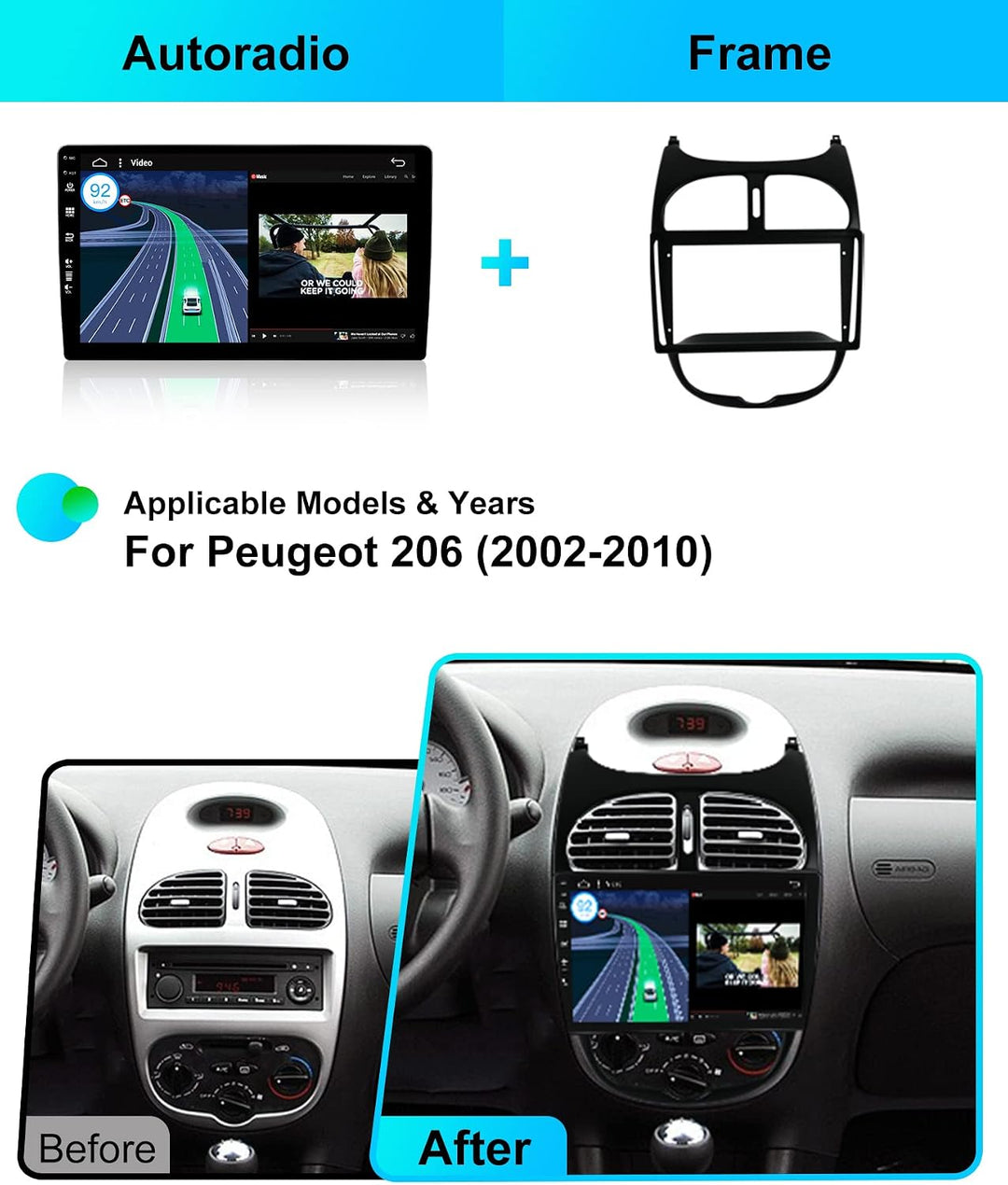 Android 15 IPS Autoradio Passt für Peugeot 206 (2002-2010) - Eingebautes Kabellos CarPlay Android Au