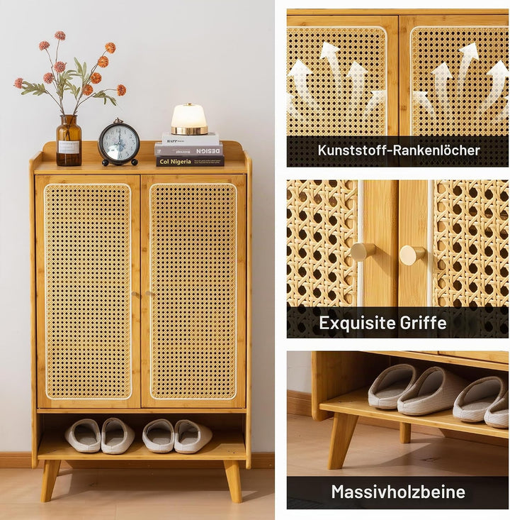 Schuhschrank Holz mit Korbgeflecht-Türen, Moderner Bambus Schuhschrank mit 5 Ebenen, Schuhregal mit