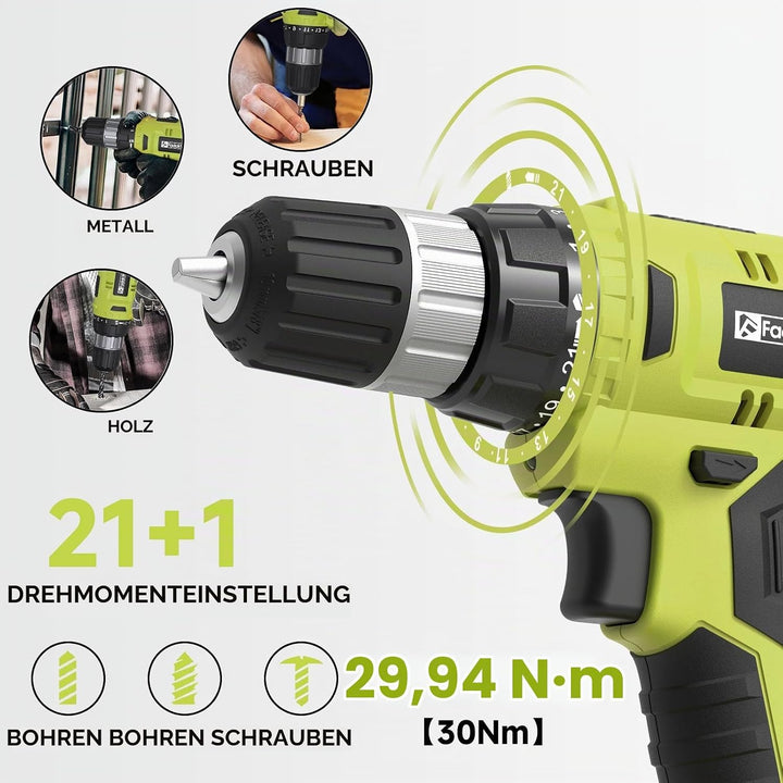 FADAKWALT Akkuschrauber, 20V Akku Bohrmaschine mit 2000 mAh Akku, 21+1 Drehmomentstufen, 60-tlg Akku