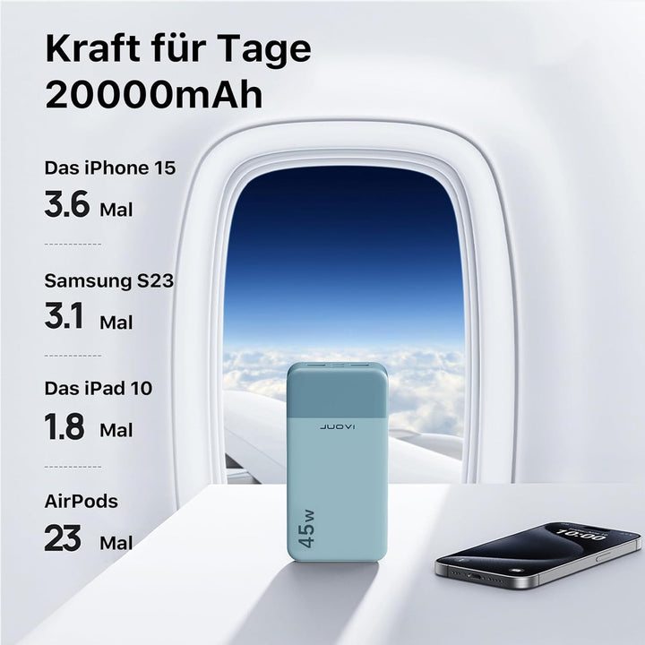 JUOVI Tragbare Powerbank 20000mAh Schnellladefunktion, 45W Akku Pack Power Bank Schnellladen 2 USB-C