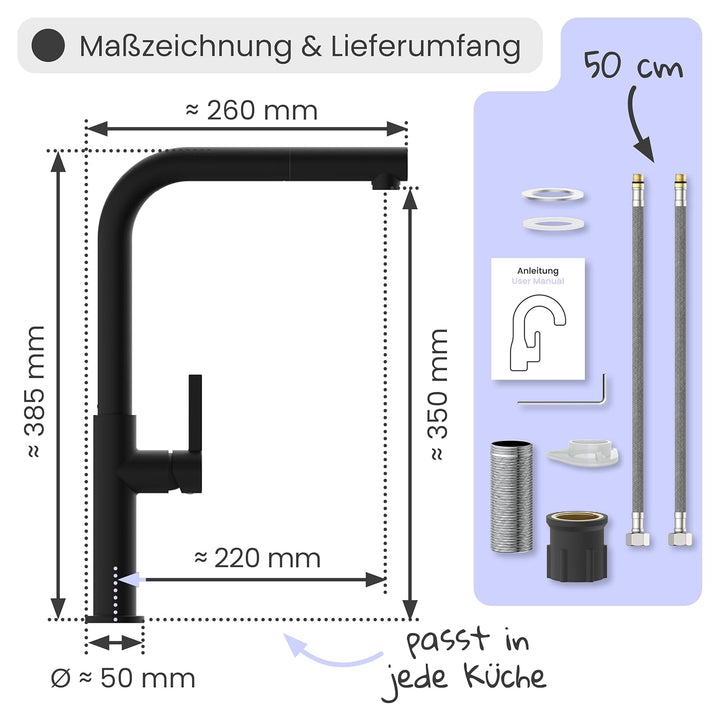 instmaier Cassia | Küchenarmatur mit herausziehbarem Auslauf | schwarz matt | Wasserhahn Küche 360°
