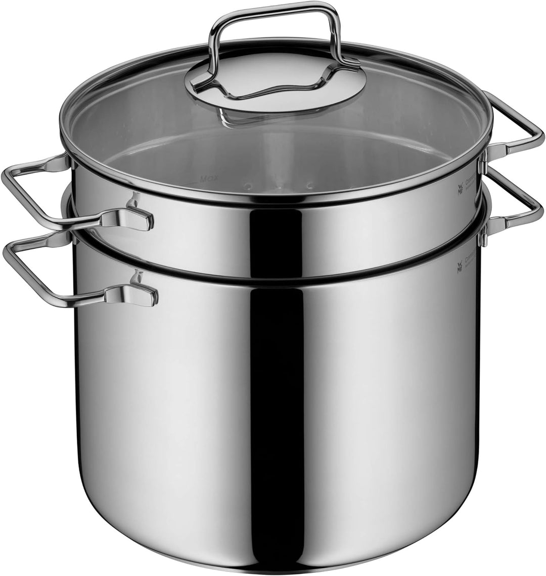WMF Nudeltopf mit Sieb 24 cm Induktion, Kochtopf gross 7l, Spaghettitopf mit Glasdeckel, Cromargan E