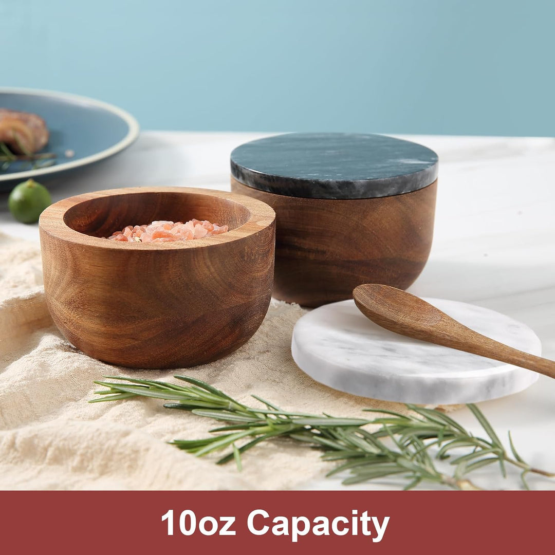 Holz Salz Box Gewürzdose Gewürzbehälter Massiv Natur Akazie Boden Marmor Deckel Elegant Design Deko