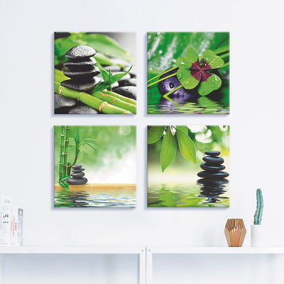 ARTLAND Leinwandbilder auf Holz Wandbild Bild Set 4 teilig je 40x40 cm Quadratisch Wellness Zen Stei