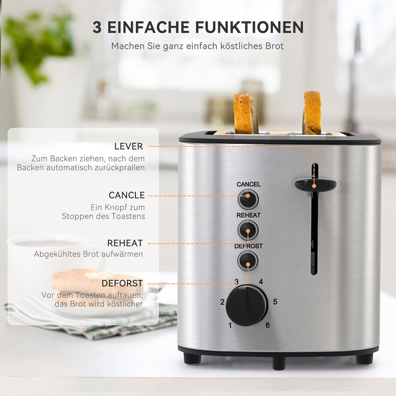 KitchenBoss Toaster 2 Scheiben：Toaster mit Brötchenaufsatz und Krümelschublade, 6 Bräunungsstufen, T