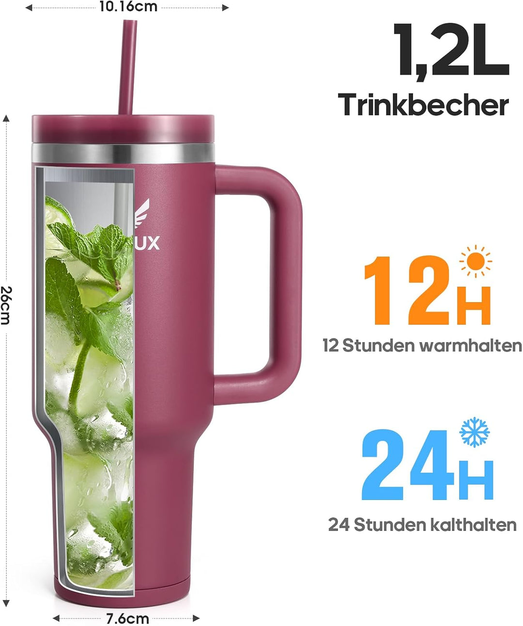 Gedux Trinkflasche mit Strohhalm 1.2L - Thermobecher mit Henkel auslaufsicher - Doppelwandige Vakuum