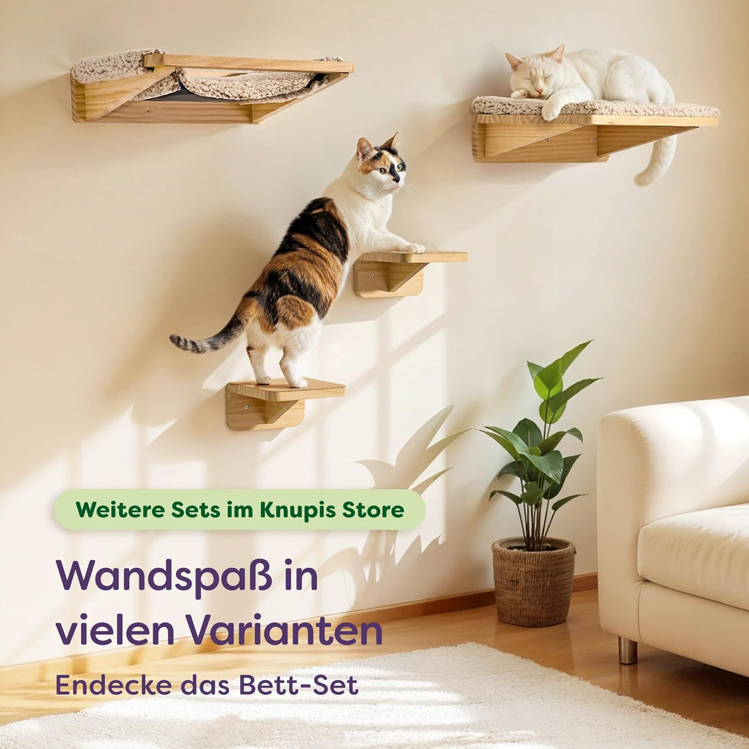 Katzen Kletterwand Set mit Hängematte & 2X Katzentreppe – massives Kiefernholz, stabile Wandliege bi