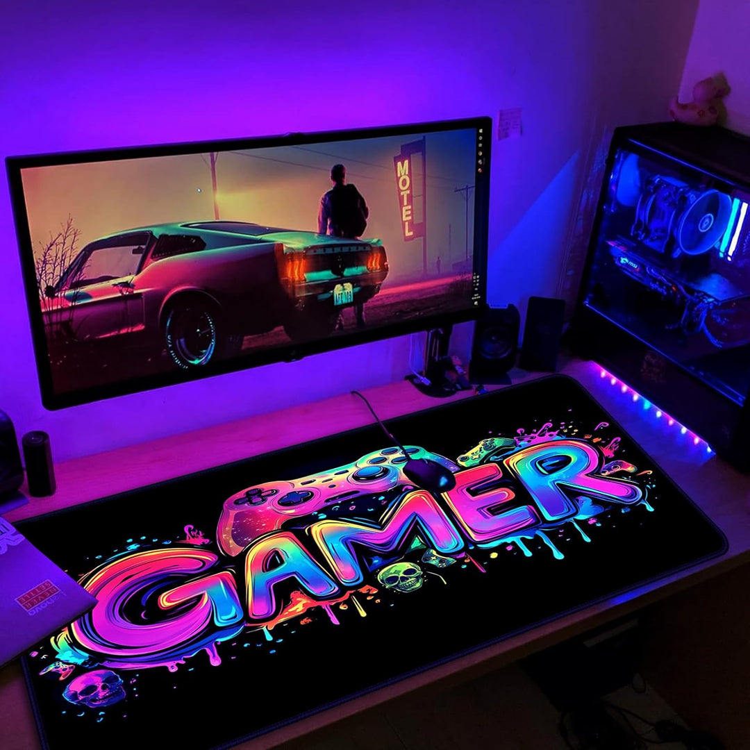 Simpkeely Gamer-Mauspad, Schwarzlicht, buntes Gaming-Skelett, wasserdicht, erweiterte grosse Schreib
