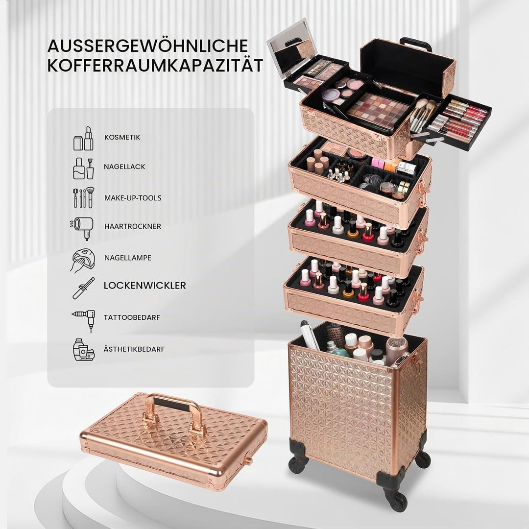 Kosmetikkoffer Trolley, 6-in-1 Schminkkoffer mit Spiegel &amp; Schloss, Grosser Kosmetik Reisekoffer Mak