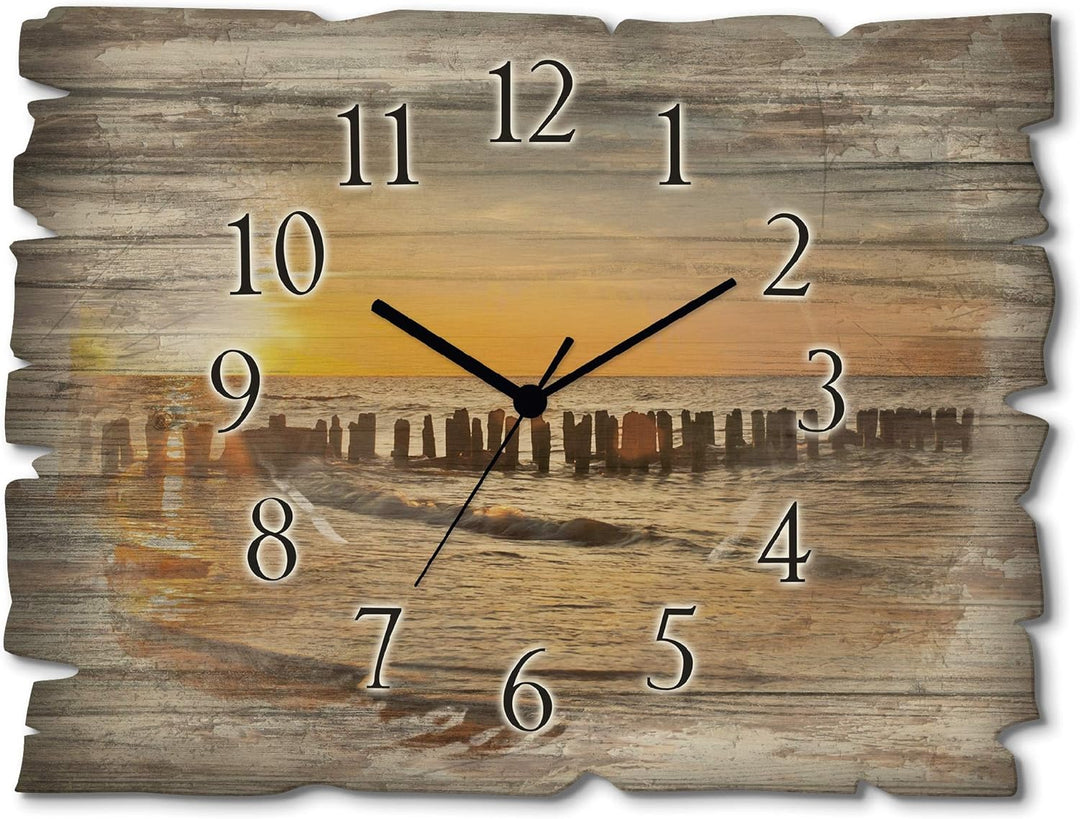 ARTLAND Wanduhr ohne Tickgeräusche aus Holz Quarzuhr 40x30 cm Rechteckig Lautlos Strand Meer Sonnenu
