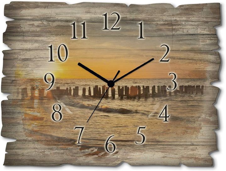 ARTLAND Wanduhr ohne Tickgeräusche aus Holz Quarzuhr 40x30 cm Rechteckig Lautlos Strand Meer Sonnenu