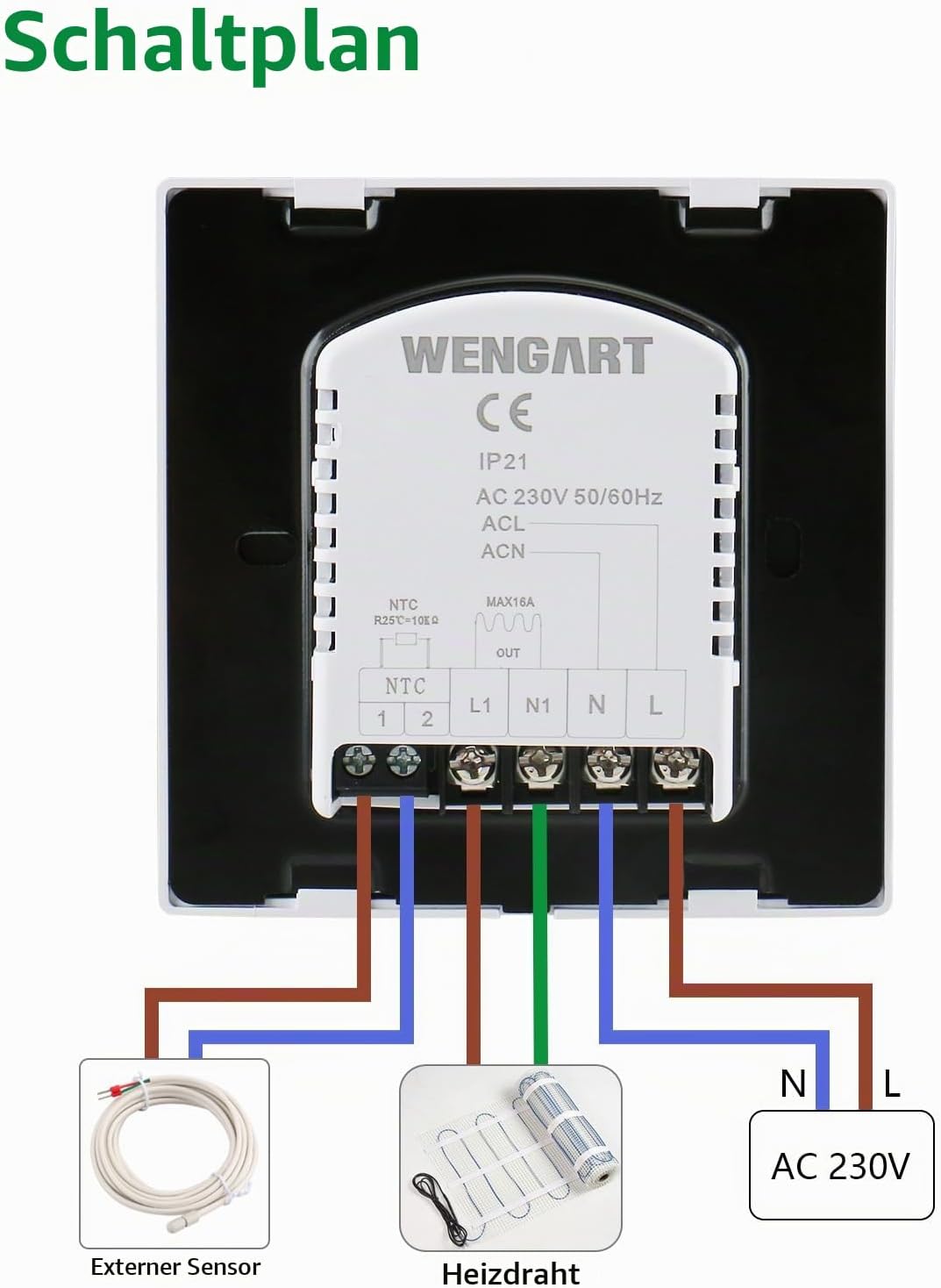 Wengart Digital Thermostat für Elektrische Fussbodenheizung Heizsysteme WG505,Unterputz Programmierb