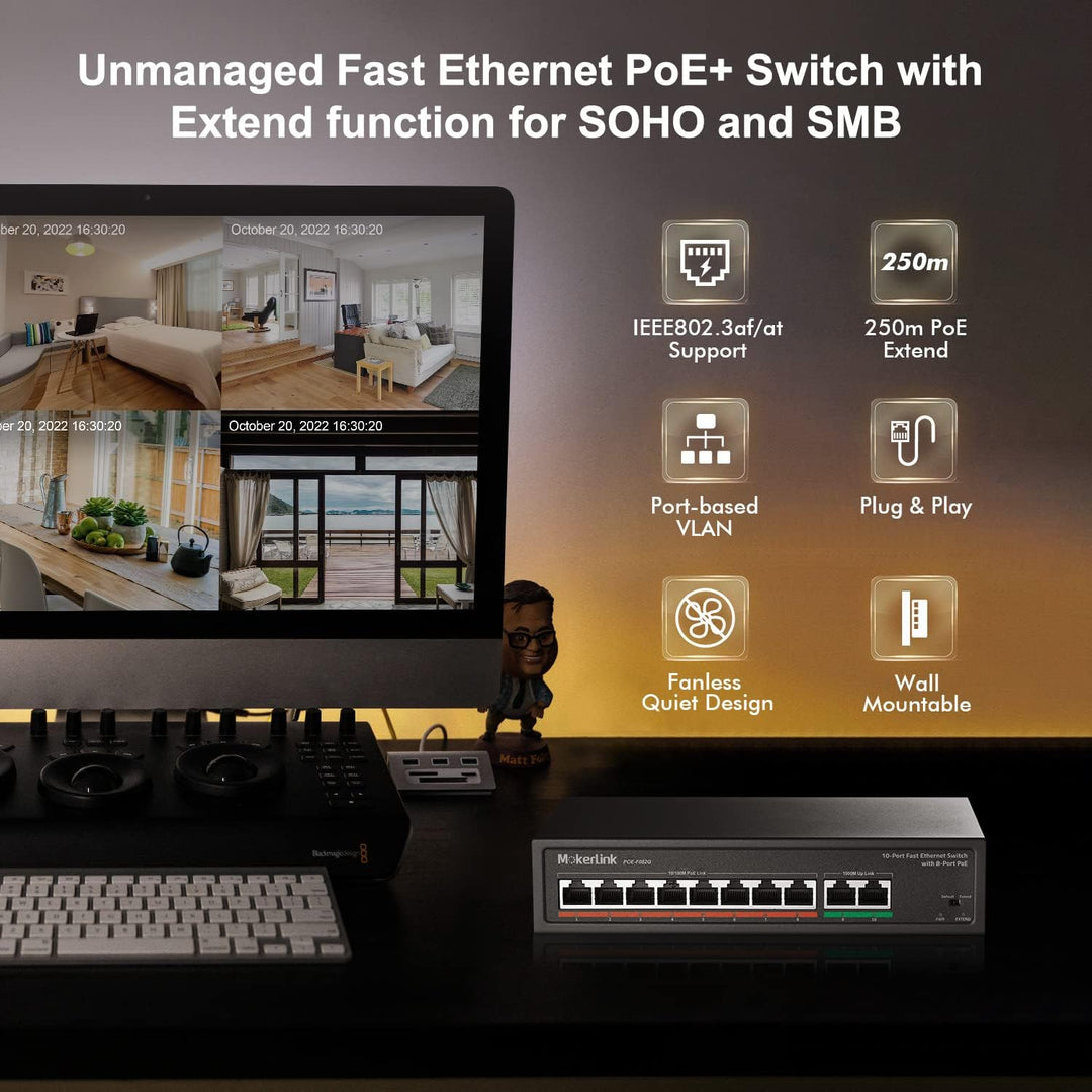 MokerLink 8 Port PoE Switch mit 2 Gigabit Uplink Port, PoE Plus 802.3af/at, 120W eingebauter Leistun