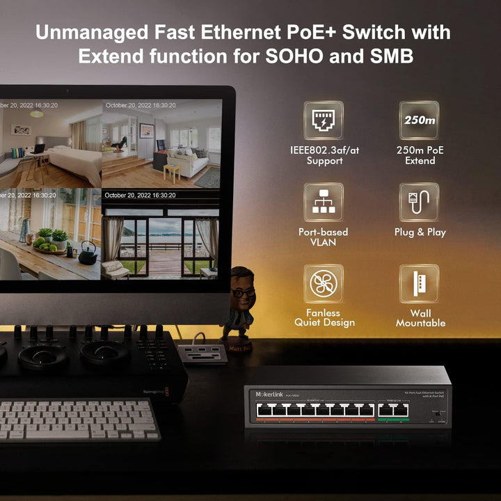 MokerLink 8 Port PoE Switch mit 2 Gigabit Uplink Port, PoE Plus 802.3af/at, 120W eingebauter Leistun