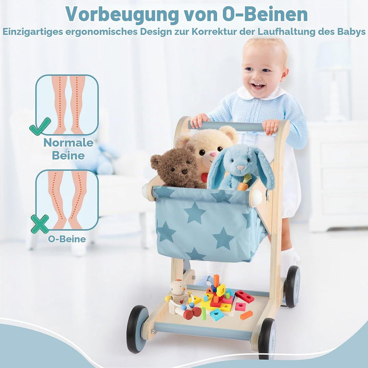 Asweets 2-in-1 Lauflernwagen Holz, Puppenwagen zum Schieben und Ziehen, Baby Walker, Kleinkindspielz
