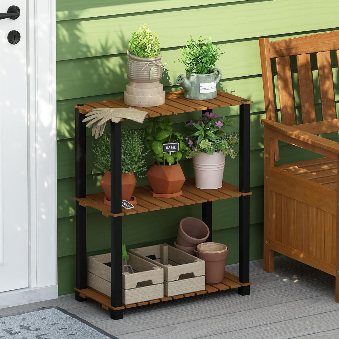 Furinno Pangkor Pflanzenregal mit 3 Ebenen, für drinnen und draussen, Holzständer mit quadratischen