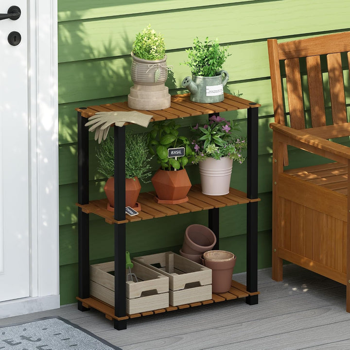 Furinno Pangkor Pflanzenregal mit 3 Ebenen, für drinnen und draussen, Holzständer mit quadratischen