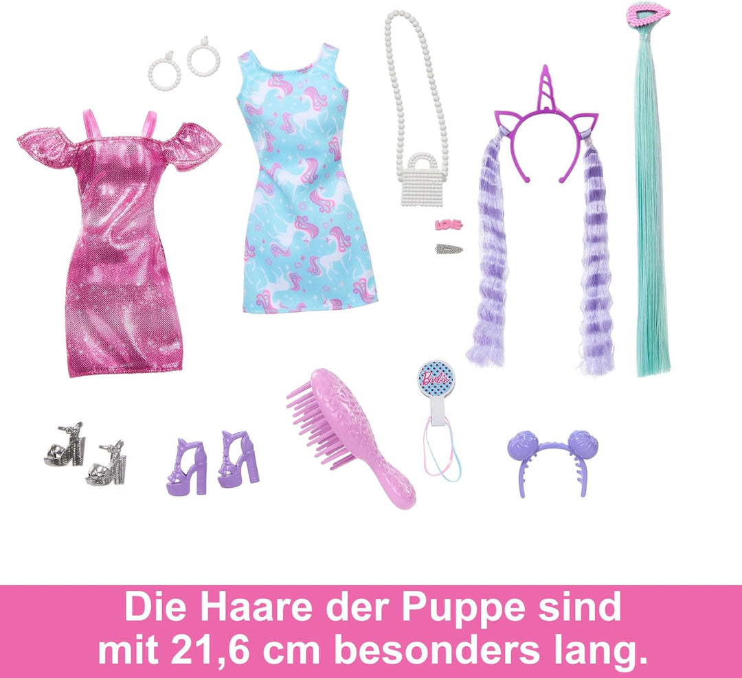 Barbie-Puppe, Fun & Fancy-Haar mit extralangem farbenfrohem schwarzem Haar und schimmerndem rosa Kle