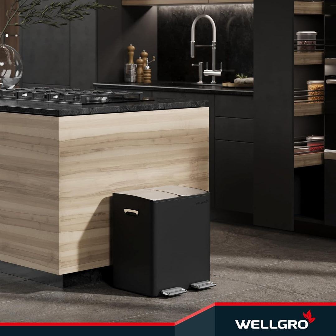 WELLGRO Mülleimer Küche 30 Liter – Edelstahl Treteimer 2x15 Liter schwarz mit Softclose-Deckel, Müll