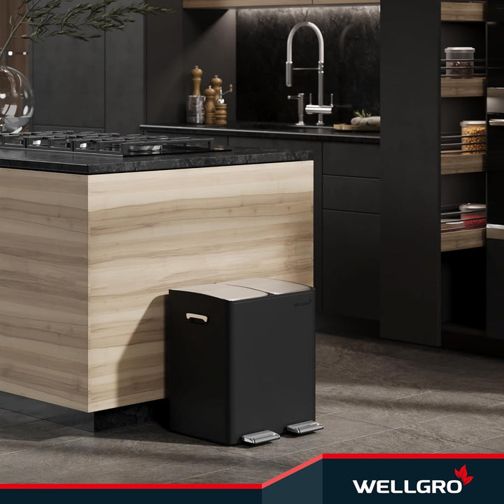 WELLGRO Mülleimer Küche 30 Liter – Edelstahl Treteimer 2x15 Liter schwarz mit Softclose-Deckel, Müll