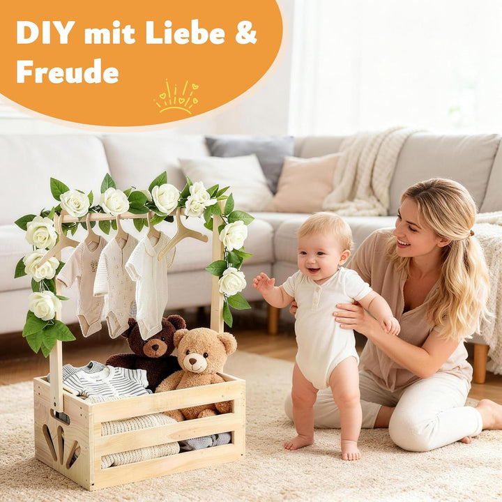 Babyparty Geschenk mit Holz | Praktischer Baby Aufbewahrungskorb mit 6 Holzhaken &amp; Kunstblumengirlan