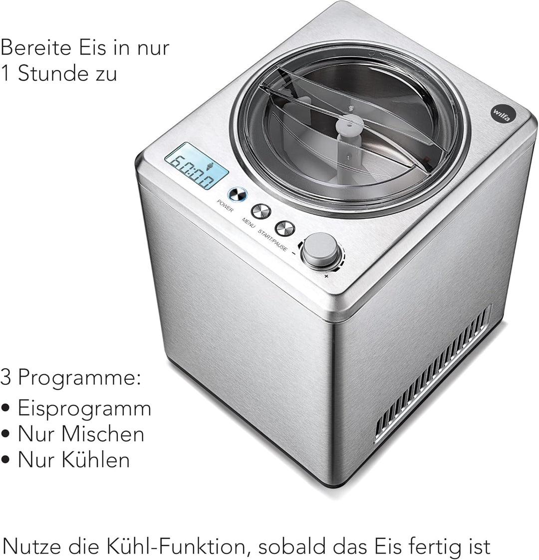 Wilfa VANILLA Eismaschine - 2,5 Liter - selbstkühlender Kompressor 250W - Timer-Funktion - Kühlhalte