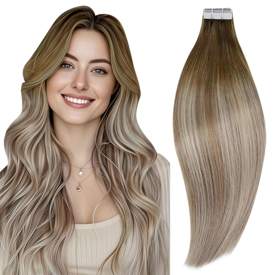 RUNATURE Echthaar Extensions Tape 50cm Braun Balayage Blond Lang Tape in Extensions Ombre Braun 20 S