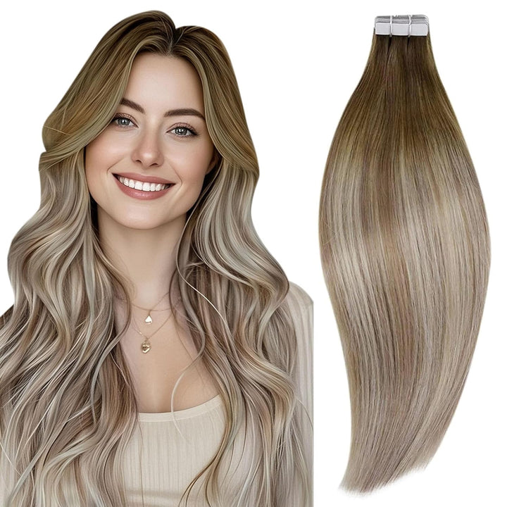 RUNATURE Echthaar Extensions Tape 50cm Braun Balayage Blond Lang Tape in Extensions Ombre Braun 20 S