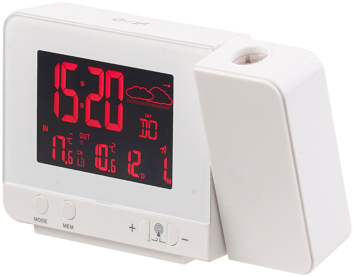 infactory Uhr mit Projektion: Funk-Wetterstation mit Projektions-Wecker, Aussensensor und USB, weiss
