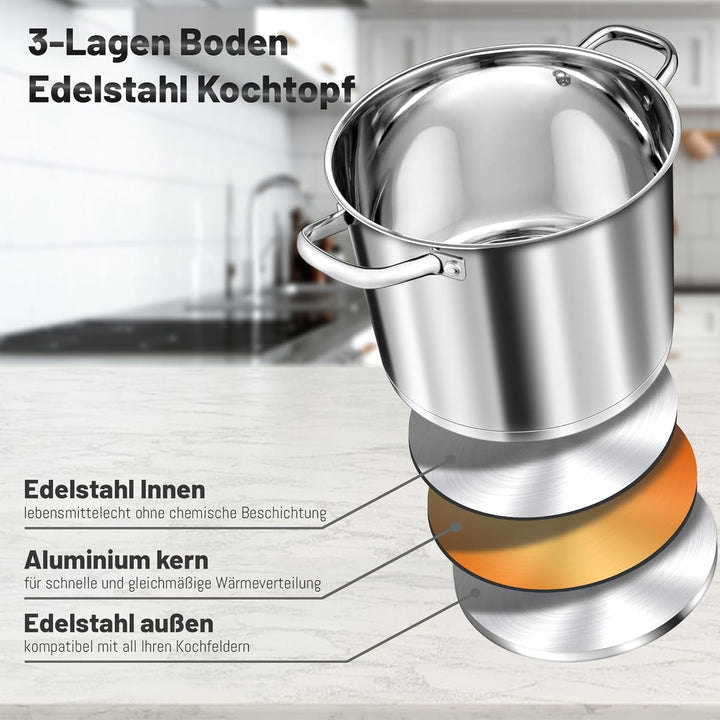 TEAMFAR Kochtopf 10L, Edelstahl Gross Topf Nudeltopf Induktion mit 3-Lagen Boden für alle Herdarten,