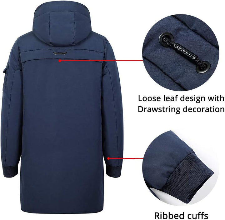Herren Winterjacke Warm Lang Warme Atmungsaktiv Jacken Outdoor Coat mit Kapuze, Dunkelblau