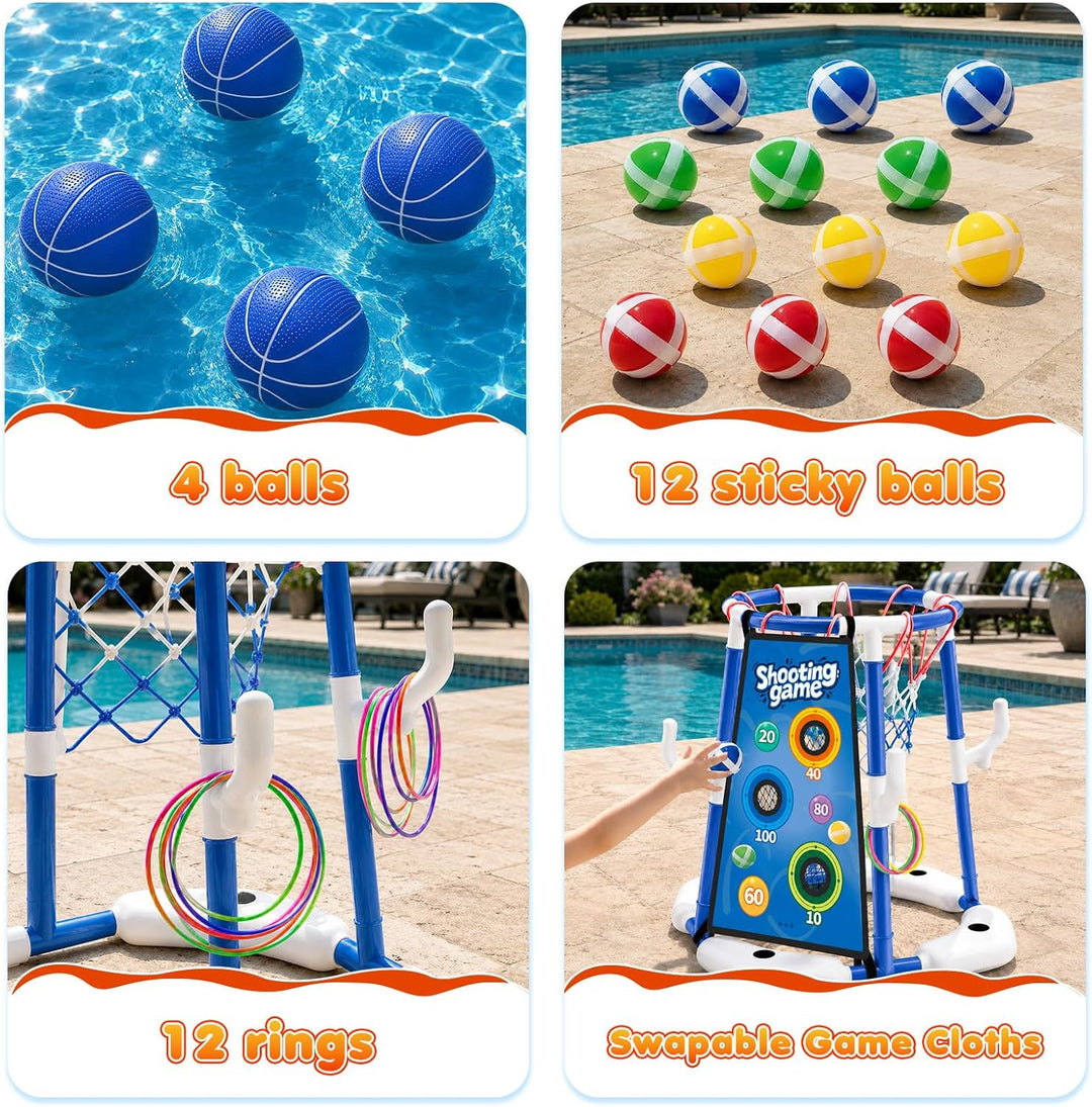 3-In-1 Pool Basketballkorb Outdoor, Schwimmender Basketballkorb, Pool Spielzeug Mit 4 Basketbälle,12