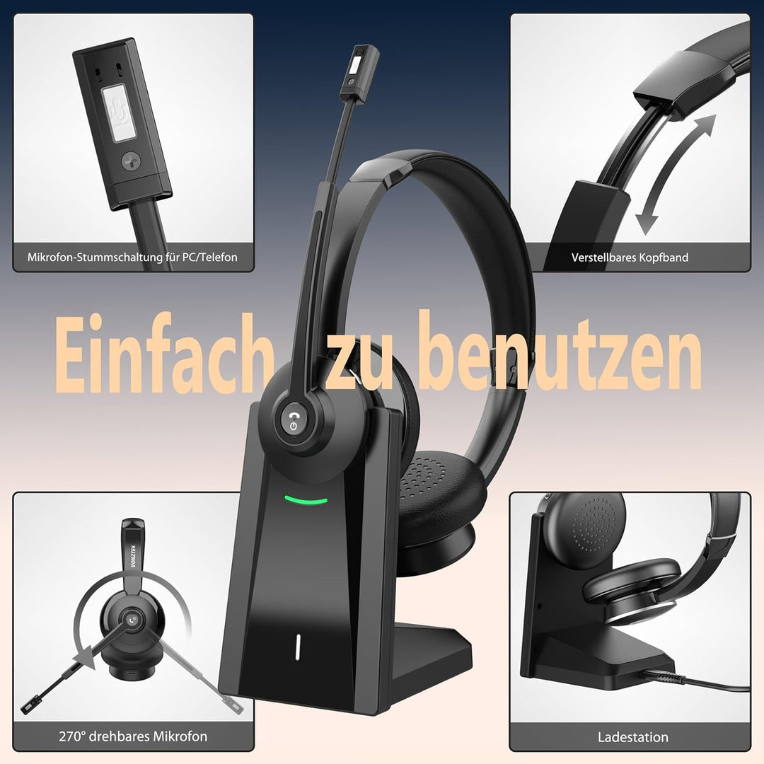 Earbay Bluetooth Headset mit Mikrofon, Kabelloses Headset mit Ladestation & USB Dongle, Kabellose mi