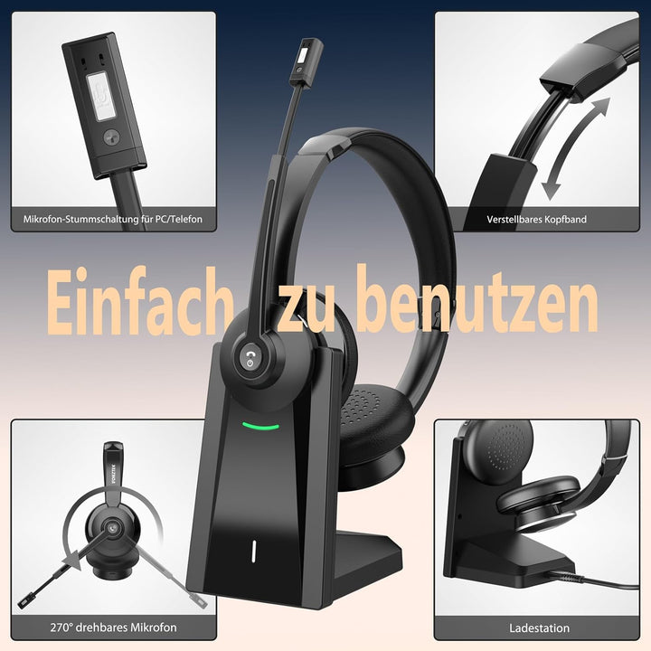 Earbay Bluetooth Headset mit Mikrofon, Kabelloses Headset mit Ladestation & USB Dongle, Kabellose mi