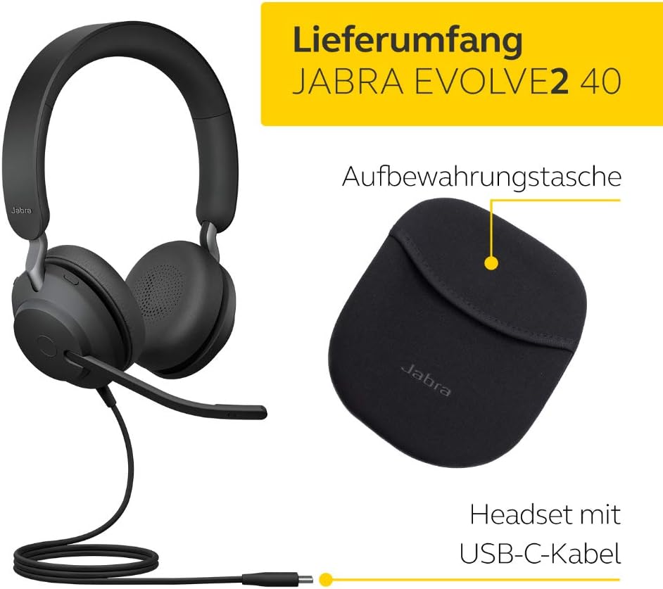 Jabra Evolve2 40 PC Headset – Noise Cancelling UC Certified Stereo Headphones With 3-Microphone Call