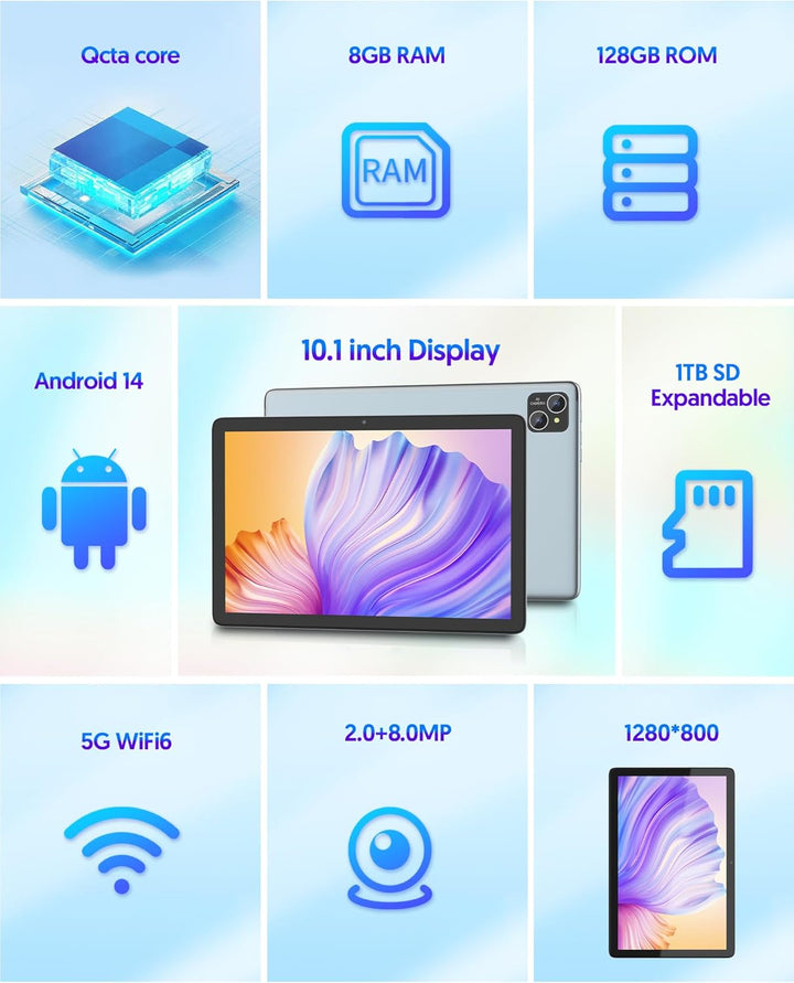 BAKEN Android 14 Tablet mit Tastatur, 10.1-inch, 128GB ROM+ 8GB RAM, 8000mAh Battery, Octa-Core, 2MP