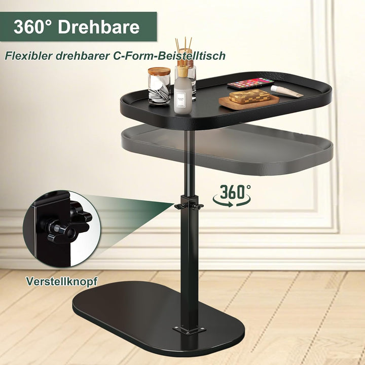 Beistelltisch C Form Höhenverstellbar 30x45cm, Holz Klein Couchtisch Sofatisch mit 360° Drehbar, Ova