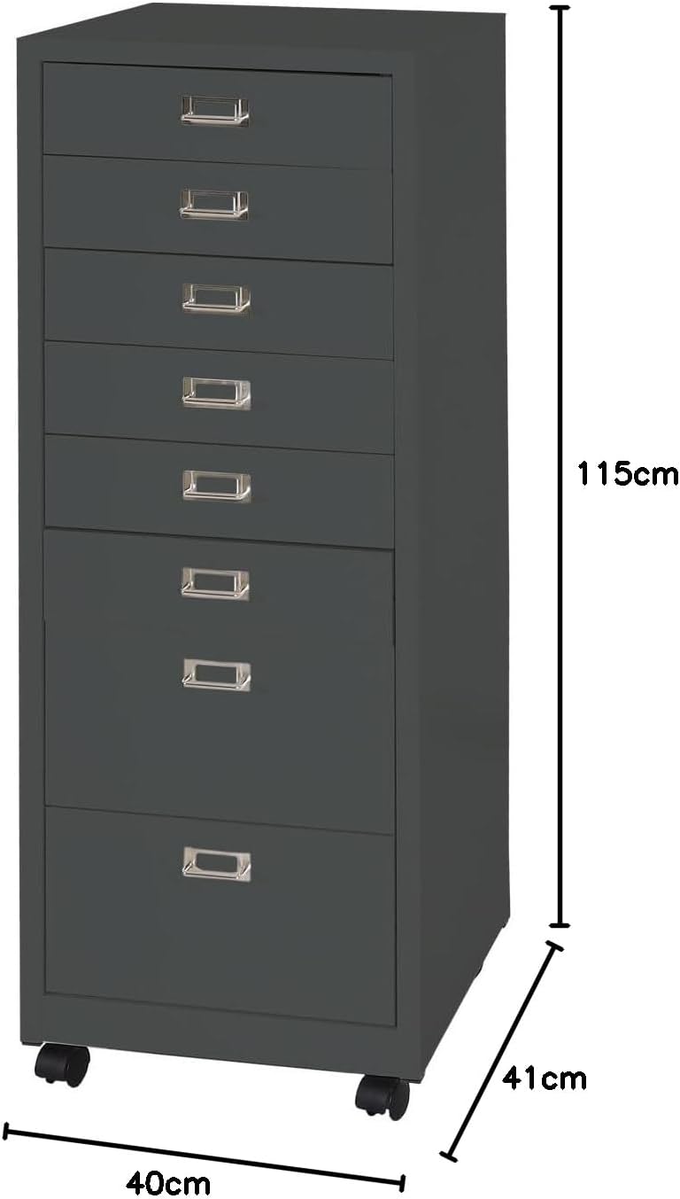 PROREGAL Rollcontainer, HxBxT 115x40x41 cm, Metall 8 Schubladen, Dunkelgrau, Schubladenschrank Stahl