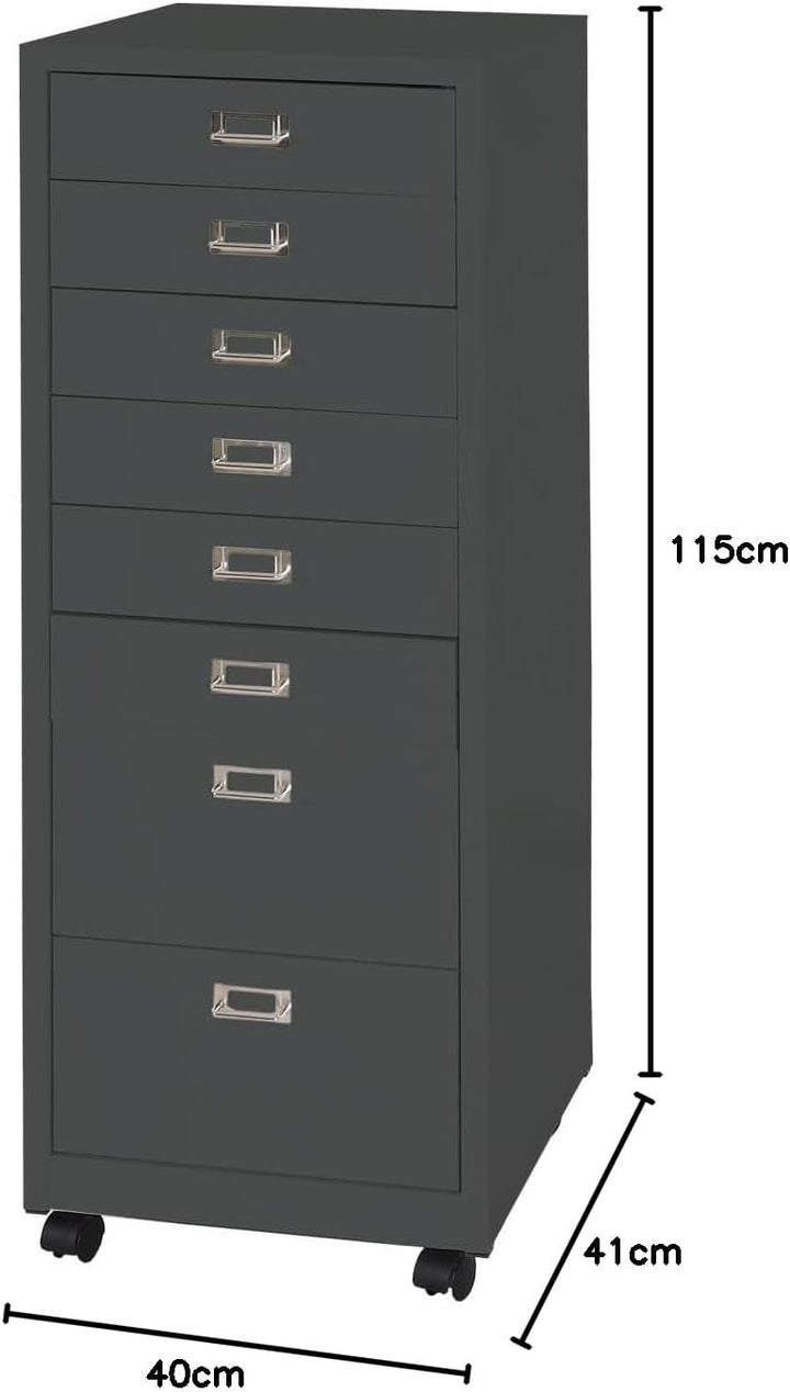 PROREGAL Rollcontainer, HxBxT 115x40x41 cm, Metall 8 Schubladen, Dunkelgrau, Schubladenschrank Stahl