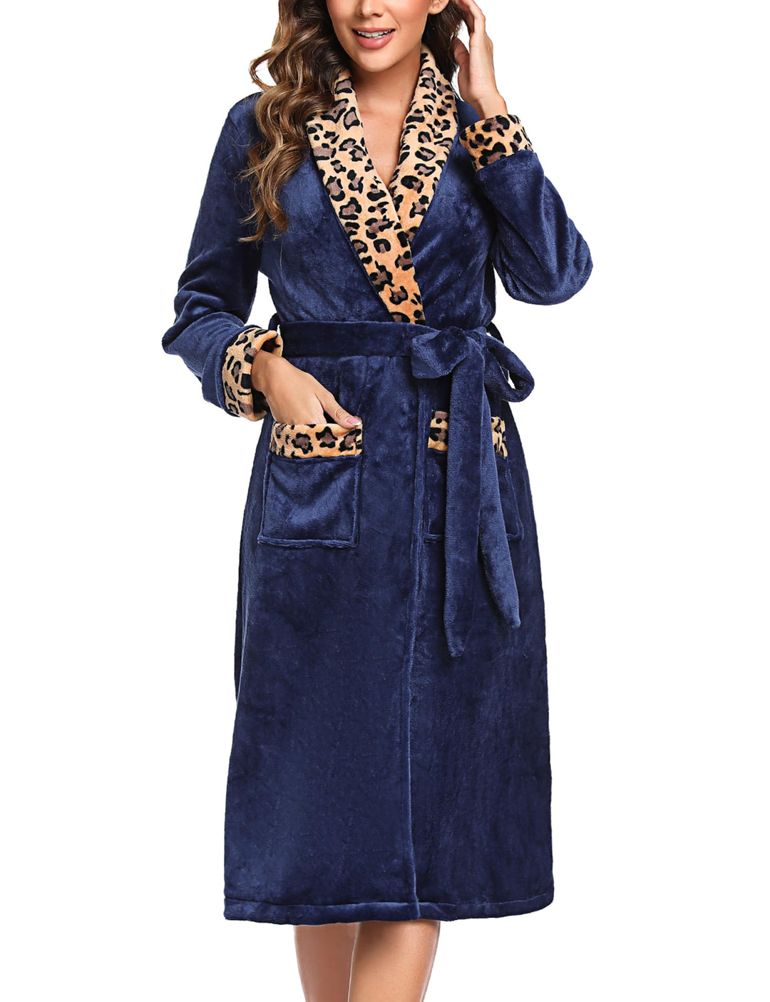Marvmys Bademantel Damen Langarm Fleece Morgenmantel mit Leopardenmuster Schalkragen Frauen Flanell
