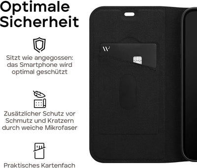 WIIUKA Hülle für iPhone 14, Leder aus Deutschland, mit Kartenfach, extra Dünn, Handyhülle mit Standf