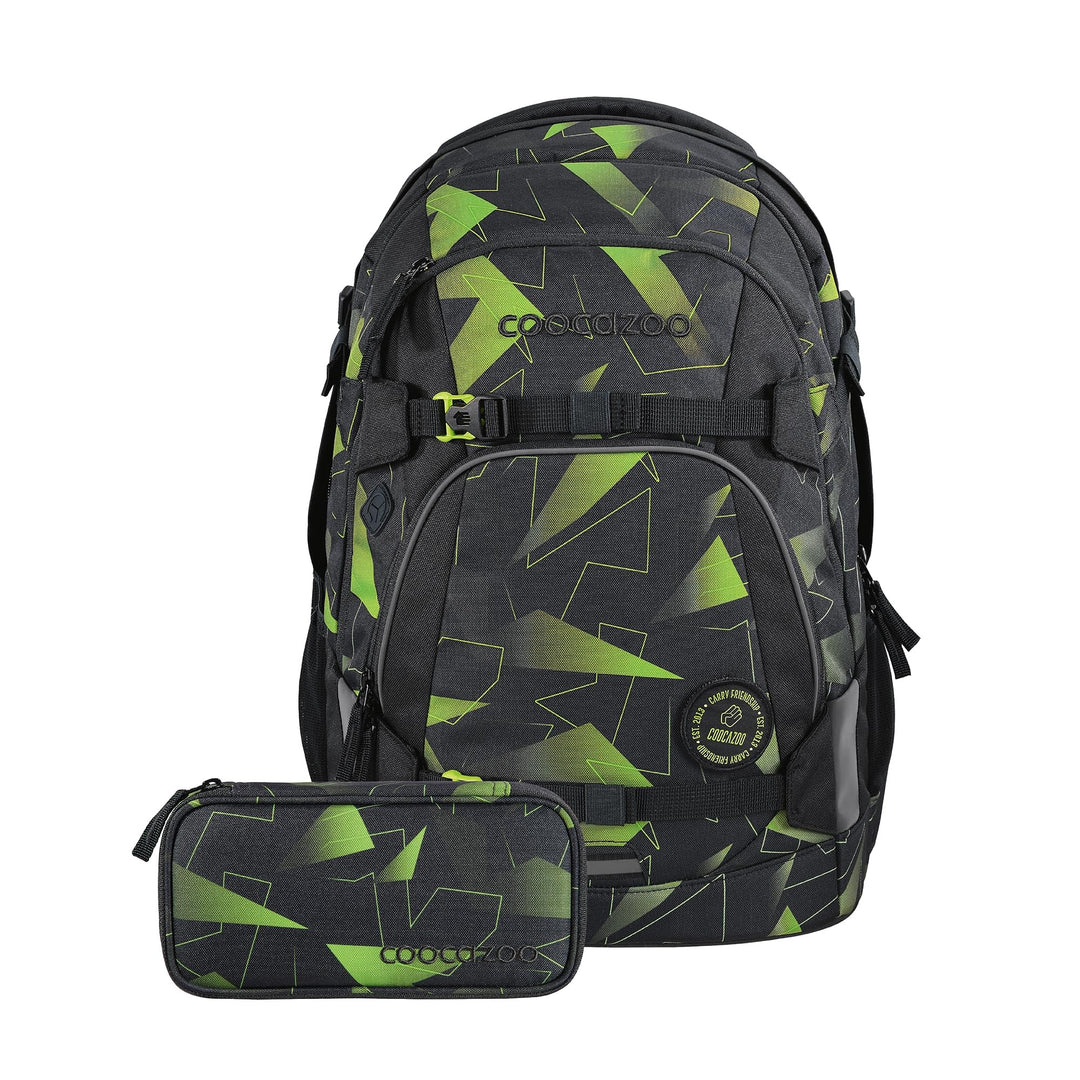 coocazoo Schulrucksack-Set Mate „Lime Flash“ 2-teilig, schwarz, ergonomischer 30L Tornister, mit Bru