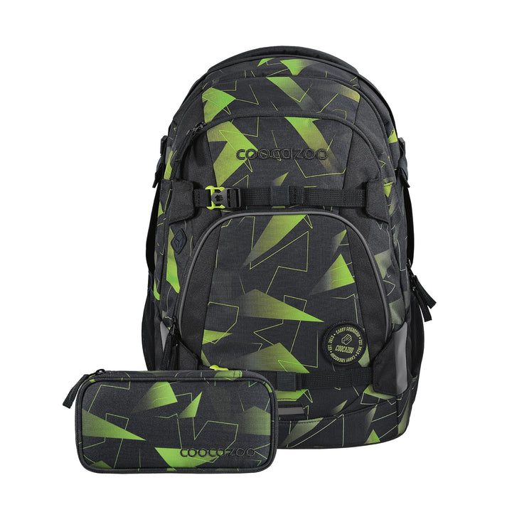 coocazoo Schulrucksack-Set Mate „Lime Flash“ 2-teilig, schwarz, ergonomischer 30L Tornister, mit Bru