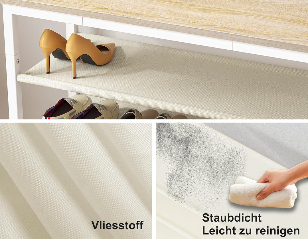 HOMIDEC Schuhregal mit 3 Ebenen, Schuhbank mit Holzplatte, Schuhregal mit Sitzbank, Regal Vliesstoff