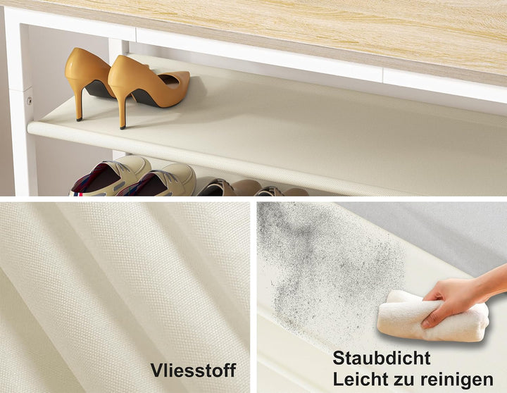 HOMIDEC Schuhregal mit 3 Ebenen, Schuhbank mit Holzplatte, Schuhregal mit Sitzbank, Regal Vliesstoff