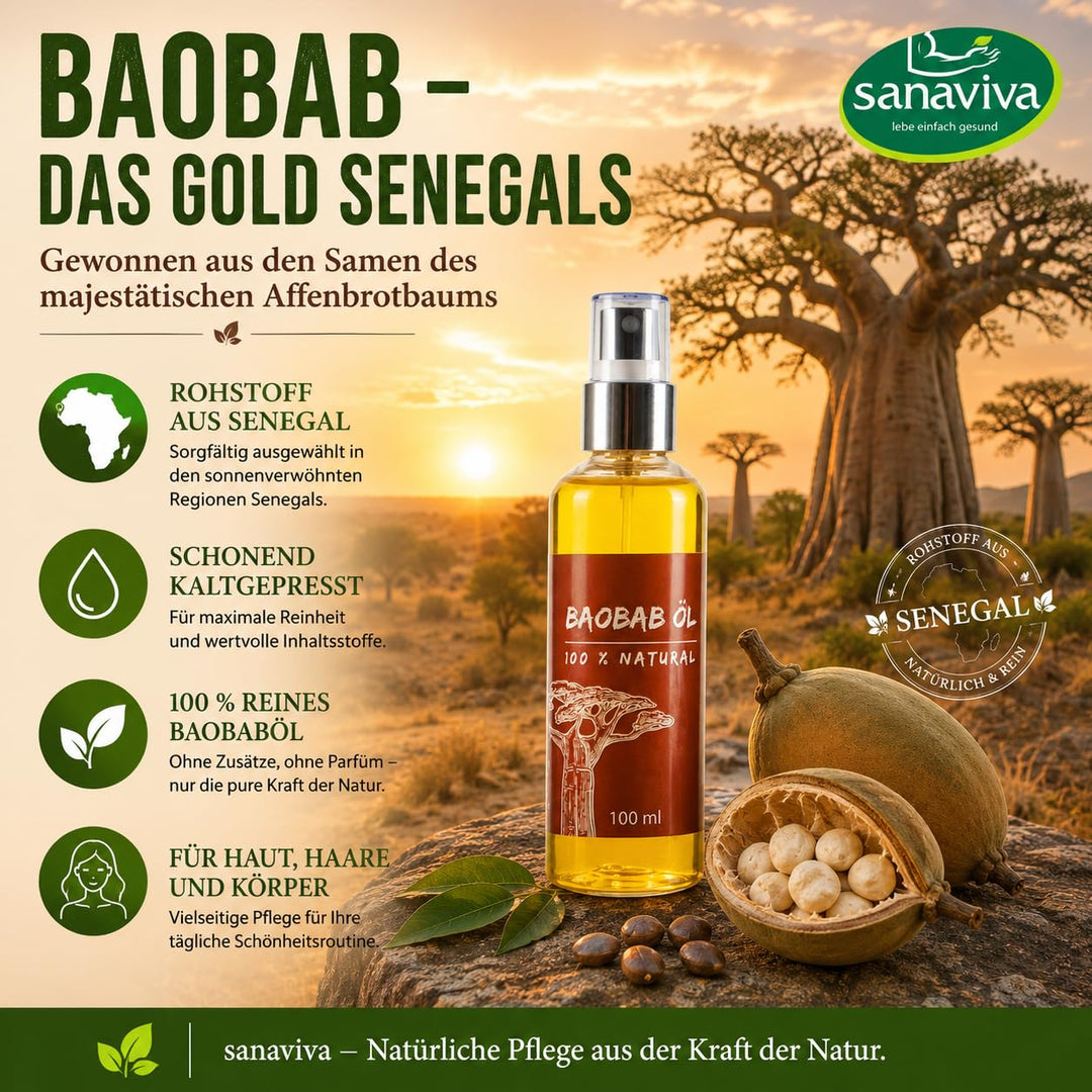 sanaviva® Baobaböl Kaltgepresst (100ml) Baobab-Oil Bio Rein &amp; Natürlich 100% Vegan Premium Baobab Öl