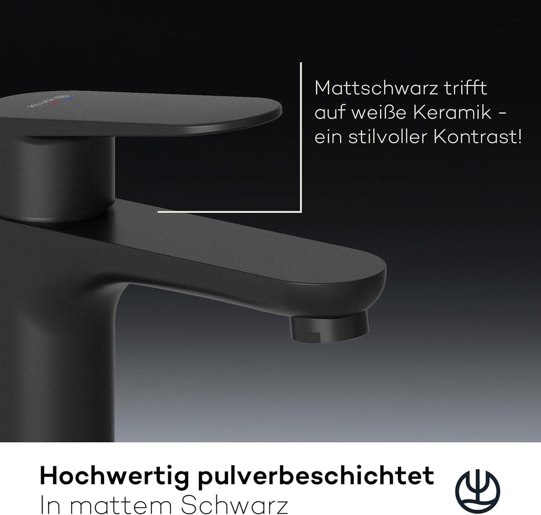 KLUDI-X1 Niederdruck Waschtischarmatur, Auslaufhöhe 95 mm, wassersparender Wasserhahn Bad Schwarz Ma