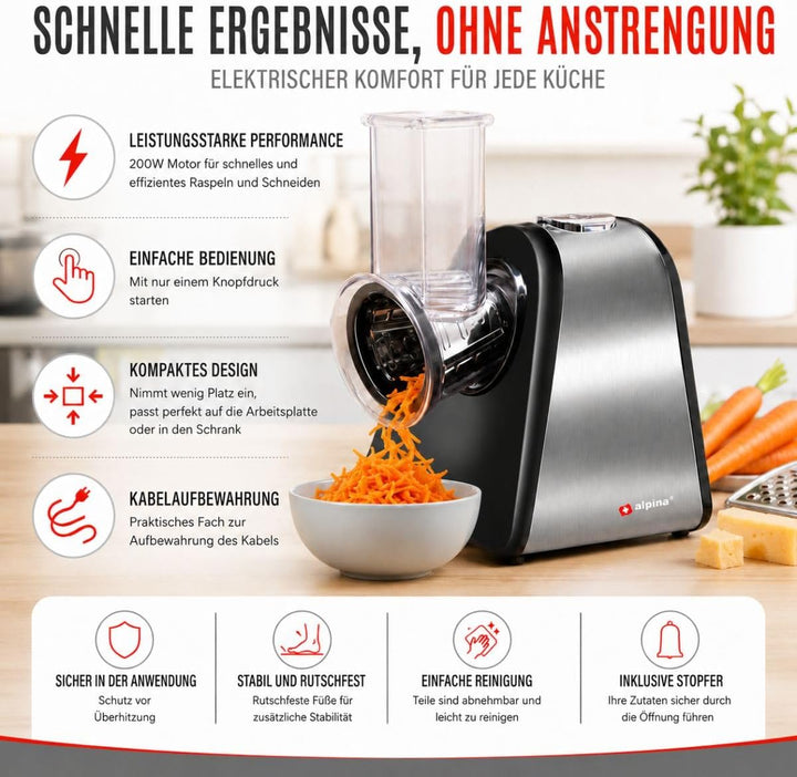 alpina 4-in-1 Gemüseschneider Elektrisch - Multifunktional Zerkleinerer - Küchenreibe - Gemüsereibe