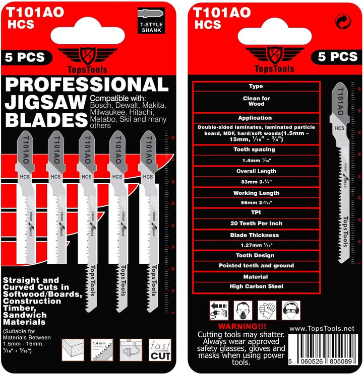 25 x TopsTools T101AO Stichsägeblätter für gerade und gebogene Schnitte kompatibel mit Bosch Dewalt