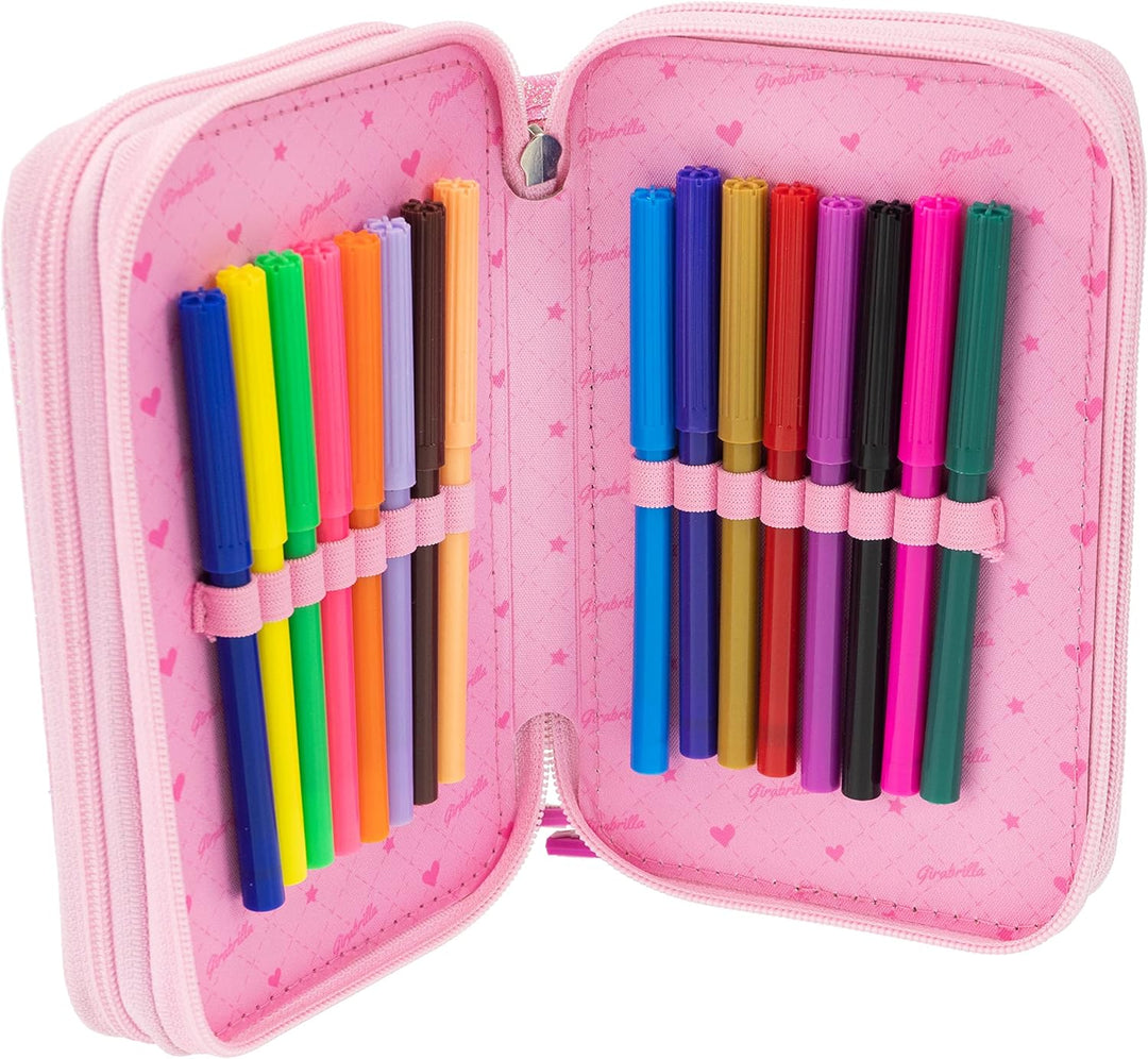 Girabrilla Nice Group Einhorn Federmäppchen mit 3 Fächern für Kinder, Steppdeckeneffekt, Rosa Koffer